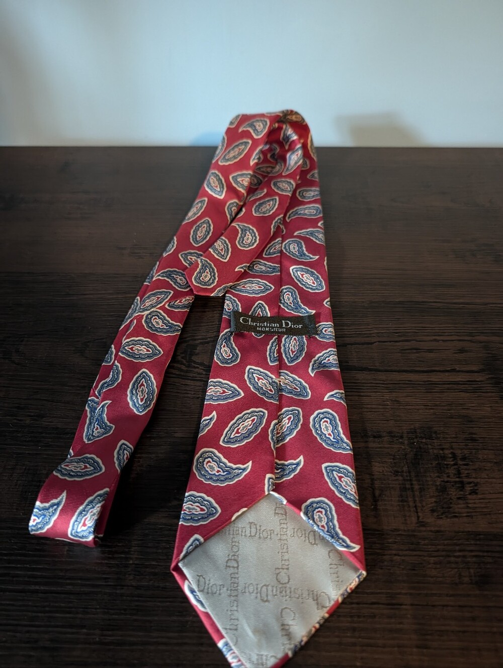 Dior Burgundy Paisley Silk Tie with Navy and Cream Accents